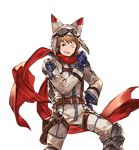  alpha_transparency animal_hat blue_gloves brown_eyes brown_hair gloves goggles goggles_on_headwear gran_(granblue_fantasy) granblue_fantasy hand_on_hip hat male_focus minaba_hideo official_art one_eye_closed racing_suit red_scarf scarf smile solo transparent_background 