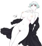  1girl bangs black_dress blunt_bangs blush breasts dated dress eyebrows_visible_through_hair feet_out_of_frame green_hair hands_on_own_chest huge_breasts lying navel nipples nude on_back original pale_skin pubic_hair red_eyes short_hair signature solo tsukudani_(coke-buta) white_background 