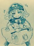  1girl :d bangs blush bow bowtie capelet commentary_request crowbar efukei eyebrows_visible_through_hair hair_bobbles hair_ornament hat holding kawashiro_nitori long_sleeves looking_at_viewer monochrome open_mouth pouch skirt smile solo standing touhou traditional_media two_side_up v-shaped_eyebrows 