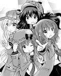  :d adjusting_clothes adjusting_hat akatsuki_(kantai_collection) coat deerstalker detective fang folded_ponytail greyscale hair_ornament hairclip hat hibiki_(kantai_collection) ikazuchi_(kantai_collection) inazuma_(kantai_collection) kantai_collection long_hair looking_at_viewer monochrome multiple_girls one_eye_closed open_mouth pleated_skirt sanari_(quarter_iceshop) school_uniform serafuku short_hair skirt smile v-shaped_eyebrows 