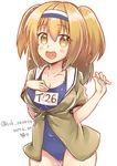  2017 :d blush breasts collarbone dated hairband hand_on_own_chest i-26_(kantai_collection) kantai_collection large_breasts light_brown_eyes light_brown_hair long_hair looking_at_viewer name_tag new_school_swimsuit one-piece_swimsuit open_clothes open_mouth sailor_collar school_swimsuit short_sleeves smile solo ssk_sasasa swimsuit swimsuit_under_clothes twitter_username two-tone_hairband two_side_up white_background zipper 