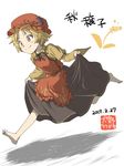  aki_minoriko apron barefoot black_skirt blonde_hair character_name dated food_themed_hair_ornament frilled_hat frills full_body grape_hair_ornament hair_ornament hat inuno_rakugaki juliet_sleeves long_sleeves mob_cap orange_eyes puffy_sleeves red_apron red_hat running shadow shirt short_hair skirt smile solo touhou white_background yellow_shirt 