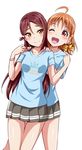  ;d ahoge bangs blue_shirt blush bow bracelet braid commentary_request hair_bow hair_ornament hairclip hands_on_another's_shoulders highres jewelry love_live! love_live!_sunshine!! miniskirt multiple_girls one_eye_closed open_mouth orange_hair pleated_skirt red_eyes red_hair sakurauchi_riko shirt short_sleeves side_braid simple_background skirt smile t-shirt takami_chika white_background yellow_bow yellow_eyes yopparai_oni 