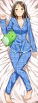  absurdres ayase_honoka barefoot blush breasts brown_hair cleavage commentary_request dakimakura full_body hair_between_eyes highres idolmaster idolmaster_cinderella_girls kisuna large_breasts lying on_back pajamas pina_korata plaid solo thigh_gap yellow_eyes 