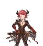  belt bodysuit breasts brown_eyes cleavage draph earrings gloves goggles granblue_fantasy hands_on_hips helmet horns jewelry large_breasts looking_at_viewer minaba_hideo necklace official_art pointy_ears racing_suit red_gloves red_hair solo sturm_(granblue_fantasy) sword transparent_background weapon 