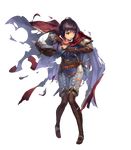  belt book brown_hair cape cuboon elbow_gloves fire_emblem fire_emblem:_thracia_776 fire_emblem_heroes full_body gloves highres holding holding_book official_art olwen_(fire_emblem) one_eye_closed pant purple_eyes short_hair solo sword thighhighs torn_clothes transparent_background weapon 