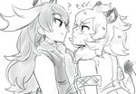  animal_ears antlers blush commentary_request eye_contact greyscale kanimura_ebio kemono_friends lion_(kemono_friends) lion_ears lion_tail long_hair looking_at_another monochrome moose_(kemono_friends) moose_ears multiple_girls scarf short_sleeves tail translation_request 