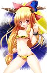  :d animal_print bandeau bare_shoulders bikini breasts chain cleavage clenched_hands cuffs fang hair_bobbles hair_ornament horn_ribbon horns ibuki_suika long_hair looking_at_viewer low_ponytail navel open_mouth orange_hair osashin_(osada) red_eyes ribbon shackles shiny shiny_skin sidelocks small_breasts smile solo strapless swimsuit tiger_print touhou v-shaped_eyebrows very_long_hair 
