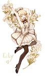  :d ^_^ absurdres armpits arms_up artoria_pendragon_(all) bangs bare_shoulders black_bow black_footwear black_legwear blush bow breasts character_name cleavage closed_eyes detached_collar dress eyebrows_visible_through_hair fate/unlimited_codes fate_(series) floral_background flower full_body gloves hair_bow heart high_heels highres leg_up lily_(flower) medium_breasts open_mouth pantyhose ponytail rosette_(yankaixuan) saber saber_lily shoes sidelocks simple_background skirt smile solo teeth white_background white_dress white_flower white_gloves white_skirt 