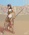  2017 anthro areola bra breasts canine clothed clothing female fur hair hi_res holding_object holding_weapon mammal melee_weapon muscular reaper3d simple_background solo underwear weapon 