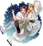  1girl bad_id bad_pixiv_id boots dress energy_gun holding hug luke_skywalker oshima_(mttyamattari) princess_leia_organa_solo ray_gun science_fiction simple_background star_wars swinging weapon 