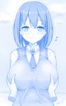  ai-chan_(tawawa) blue blush breast_grab breasts eighth_note getsuyoubi_no_tawawa grabbing highres himura_kiseki_(style) huge_breasts kuavera looking_at_viewer monochrome musical_note necktie official_style school_uniform solo_focus sweater_vest 