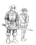  aged_down anthro antlers armor black_and_white cat cat_knight cervine deer deer_prince duo feline female frown hair handcuffs hladilnik horn male mammal melee_weapon monochrome scar shackles sword weapon 