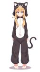  animal_costume animal_hood barefoot blonde_hair blush cat_costume cat_hood cat_pajamas cat_tail full_body gabriel_dropout hair_ornament highres hood long_hair looking_at_viewer shone simple_background sketch solo tail tenma_gabriel_white white_background 