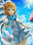  aqua_scarf bad_id bad_pixiv_id bangs beret bird blonde_hair blue_eyes blue_sky blurry blush cloud cloudy_sky cowboy_shot cropped_jacket day depth_of_field dove dutch_angle eyebrows_visible_through_hair feathers fingerless_gloves gloves hat idol kousaka_honoka light_rays looking_at_viewer love_live! love_live!_school_idol_project one_side_up open_mouth outdoors outstretched_arm pleated_skirt scarf shiina_kuro skirt sky smile solo standing sunbeam sunlight teeth vest white_gloves white_skirt wonderful_rush 