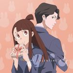  1girl andrew_hanbridge back-to-back black_hair blush brown_hair bunny commentary_request crossed_arms gift green_eyes highres kagari_atsuko little_witch_academia long_hair red_eyes valentine windwillows 