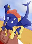  2015 anthro blonde_hair blush breasts duo dutch_angle female garchomp hair hi_res legs_up lopunny lying navel nintendo nipples nude on_back open_mouth outside pain pok&eacute;mon psych0dog pussy smile sweat tears video_games wrestling yellow_eyes 