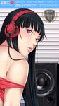  bare_shoulders black_hair eyebrows_visible_through_hair headphones highres indoors lipstick long_hair looking_at_viewer looking_back makeup open_mouth original red_eyes sei_shoujo solo speaker 