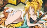  absurdres ahoge antique_firearm arquebus blonde_hair blush bra breasts cleavage firearm gun hair_intakes highres japanese_clothes leather looking_at_viewer medium_breasts oda_nobuna oda_nobuna_no_yabou official_art panties rifle socks solo sword tamaki_rie tiger_stripes underwear weapon yellow_eyes 