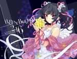  angel_wings bare_shoulders black_hair blush character_name choker closed_mouth dated dress hair_ribbon happy_birthday long_hair looking_at_viewer pink_choker pink_ribbon purple_eyes ribbon senki_zesshou_symphogear smile tsukuyomi_shirabe twintails upper_body wada_chiyon white_dress wings 