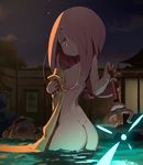  ass commentary_request dimples_of_venus hair_over_one_eye highres kagari_atsuko little_witch_academia long_hair looking_at_viewer looking_back nipple_slip nipples nude onsen outdoors pale_skin partially_submerged purple_hair red_eyes sucy_manbavaran towel wading wand water waterkuma wet 