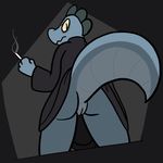  2017 anthro bea_(nitw) butt cigarette clothed clothing crocodilian female looking_at_viewer night_in_the_woods pussy reptile scalie simple_background smoke solo standing trout_(artist) upskirt 