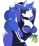  1girl animal_ears arms_up artist_request belt blue_hair bodysuit breasts choker circlet cleavage copyright_name female fox fox_ears furry green_eyes jewelry krystal large_breasts long_sleeves looking_at_viewer short_hair simple_background smile solo star_fox star_fox_assault tail white_background 