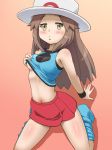  1girl arm_support awa bare_shoulders blue_(pokemon) blush breasts brown_eyes brown_hair creatures_(company) eyebrows_visible_through_hair game_freak hat kneeling lifted_by_self long_hair looking_at_viewer medium_breasts miniskirt navel nintendo pokemon pokemon_(game) pokemon_frlg porkpie_hat red_skirt shirt shirt_lift skirt sleeveless sleeveless_shirt solo underboob 