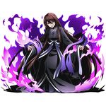  absurdly_long_hair alpha_transparency black_kimono brown_hair divine_gate fire full_body hair_between_eyes japanese_clothes kimono long_hair looking_at_viewer official_art purple_eyes shadow solo strike_the_blood tokoyogi_aya transparent_background ucmm very_long_hair 