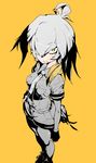  belt bird_tail black_gloves collared_shirt fingerless_gloves gloves grey_hair grey_legwear grey_shirt grey_shorts hair_between_eyes hand_on_hip head_wings kemono_friends looking_at_viewer necktie pantyhose shirt shoebill_(kemono_friends) short_hair short_sleeves shorts simple_background solo sumiran_(sumiran56565656) white_neckwear yellow_background yellow_eyes 