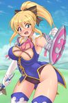  ass blonde_hair blue_sky boots breasts cassandra_alexandra cleavage cloud cloudy_sky cross-laced_clothes d: day elbow_gloves gloves gold_trim green_eyes highres horizon kihaiu large_breasts necktie open_mouth outdoors panties pink_neckwear shield short_hair sky solo soulcalibur sword thighhighs underwear weapon 