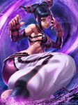  bare_shoulders barefoot black_hair bracelet breasts drill_hair fingerless_gloves gloves glowing glowing_eye han_juri highres jewelry lips long_hair looking_at_viewer medium_breasts purple_eyes sideboob smile solo speh spiked_bracelet spikes street_fighter street_fighter_iv_(series) thighs toeless_legwear toned 