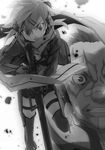  1girl abec behemoth_(sao) black_shorts character_request clenched_teeth greyscale gun hair_ornament hairclip highres holding holding_gun holding_weapon jacket monochrome novel_illustration official_art open_clothes open_jacket open_mouth rifle scarf short_hair_with_long_locks short_shorts shorts sidelocks sinon sword_art_online teeth thigh_strap weapon 