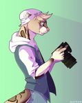  anthro beanie camera clothed clothing eamart fur hair hat male mammal mustelid otter simple_background solo standing 