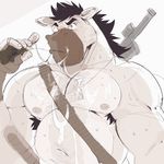  anthro bangcanine belly biceps big_belly black_hair cum cum_on_chest cum_on_face cum_on_hand cum_on_stomach digital_media_(artwork) equine fur grey_eyes grey_fur hair hi_res male mammal messy nude pecs simple_background solo weapon white_background 