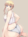  absurdres ass barefoot blonde_hair blue_eyes blush breasts fang feet highres kuneru_marta large_breasts looking_back marta naturalton open_mouth panties see-through short_hair simple_background sitting soles solo sweat tank_top toes underwear 