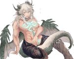  between_legs boots buranran chest_tattoo dark_skin dark_skinned_male dragon_boy dragon_horns dragon_tail dragon_wings fate/apocrypha fate_(series) flying_sweatdrops full_body green_eyes horns long_hair male_focus open_mouth shirtless siegfried_(fate) simple_background sitting solo tail tattoo white_background white_hair wings 