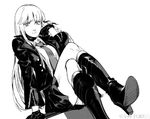  black_footwear boots braid breasts closed_mouth collared_shirt crossed_legs danganronpa danganronpa_1 expressionless gloves greyscale hair_ribbon hand_in_hair high_heel_boots high_heels jacket kirigiri_kyouko knee_boots leather leather_boots leather_gloves leather_jacket long_hair long_sleeves looking_at_viewer medium_breasts monochrome necktie open_clothes open_jacket ribbon ruukii_drift shirt simple_background single_braid sitting skirt solo thighs very_long_hair watermark white_background 