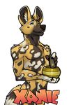  african_wild_dog badge brown_eyes brown_fur bust_(disambiguation) canine fur looking_up male mammal meditating nude singing_bowl solo tsaiwolf xanie 