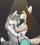  anthro canine clothed clothing duo eamart ear_piercing female female/female fur hair hug mammal piercing smile standing 