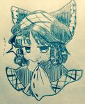  bangs blush bow capelet closed_mouth commentary deerstalker efukei eyebrows_visible_through_hair hair_bow hair_tubes hakurei_reimu hand_on_own_chin hat highres long_sleeves looking_at_viewer monochrome portrait ribbon-trimmed_sleeves ribbon_trim smile smirk smug solo sparkle touhou traditional_media wide_sleeves 