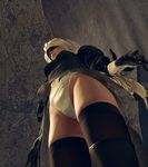  1girl 3d boots from_below groin hair_ornament high_heels hips ladder latex leotard nier_(series) nier_automata one-piece_thong outdoors short_hair thick_thighs thighhighs thighs thong thong_leotard white_hair yorha_no._2_type_b 