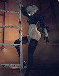  1girl 3d ass boots groin hair_ornament high_heels hips ladder latex leotard looking_at_viewer nier_(series) nier_automata one-piece_thong outdoors short_hair thighhighs thong thong_leotard white_hair yorha_no._2_type_b 