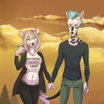  anthro beverage canine cigarette clothed clothing coffee duo eamart female hand_holding male male/female mammal outside smile standing 