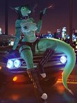  anthro breasts car cigarette clothed clothing collar facial_piercing female fishnet glowing glowing_eyes lip_piercing lizard looking_at_viewer nipple_tape pasties piercing reptile scalie solo tape vehicle woadedfox 