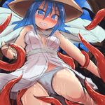  1girl blue_eyes blue_hair blush clenched_teeth female foomal from_below hat lowres matching_hair/eyes panties restrained solo tentacle tentacle_pit viprpg water_ii wet 