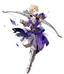  arrow blonde_hair boots bow_(weapon) fingerless_gloves fire_emblem fire_emblem:_fuuin_no_tsurugi fire_emblem_heroes full_body gloves highres injury klein_(fire_emblem) male_focus official_art one_eye_closed purple_eyes quiver solo tobi_(kotetsu) torn_clothes transparent_background weapon 
