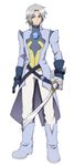  blue_eyes boots full_body gloves grey_hair male_focus pierre_de_chaltier simple_background solo sword tales_of_(series) tales_of_destiny utakata_masara weapon white_background 