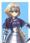  armor armored_dress artist_name bangs blue_background blue_eyes border braid breasts capelet chain closed_mouth fate/apocrypha fate_(series) gauntlets headpiece highres jeanne_d'arc_(fate) jeanne_d'arc_(fate)_(all) long_hair looking_at_viewer medium_breasts nayuhi_(yukimuu14) signature simple_background single_braid smile solo upper_body very_long_hair white_border 