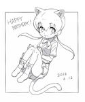  :d animal_ears black_border black_leopard_(kemono_friends) blush boots border collared_shirt dated dot_nose english eyebrows_visible_through_hair eyelashes floating floating_hair full_body greyscale hair_between_eyes hands_on_own_knees happy_birthday jpeg_artifacts kanemaru_(knmr_fd) kemono_friends knees_together_feet_apart long_hair looking_at_viewer low_twintails monochrome neck_ribbon official_art open_mouth outside_border panther_ears panther_tail pleated_skirt pocket ribbon sanpaku shirt shoe_ribbon short_sleeves simple_background skirt smile solo tail tareme twintails white_background 